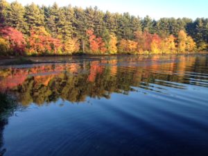 deep blue lake with autumn trees turning colors